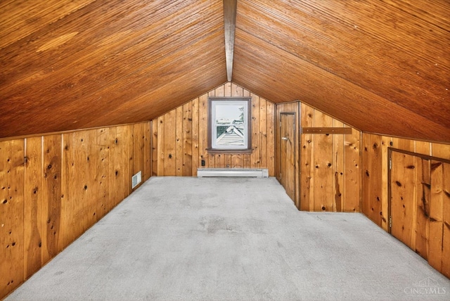 4644 Alpine Ave, Blue Ash, OH 45242 - bonus room featuring a baseboard heating unit, carpet, wood ceiling, vaulted ceiling, and wood walls