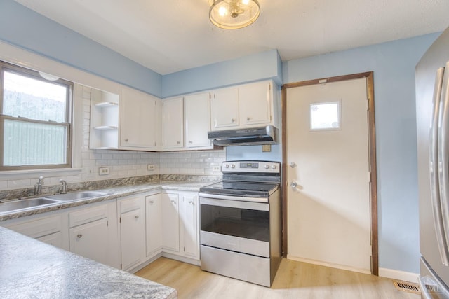 2315 Elbe Ave, Hamilton, OH 45015 - kitchen with appliances with stainless steel finishes, under cabinet range hood, light wood finished floors, white cabinets, and decorative backsplash