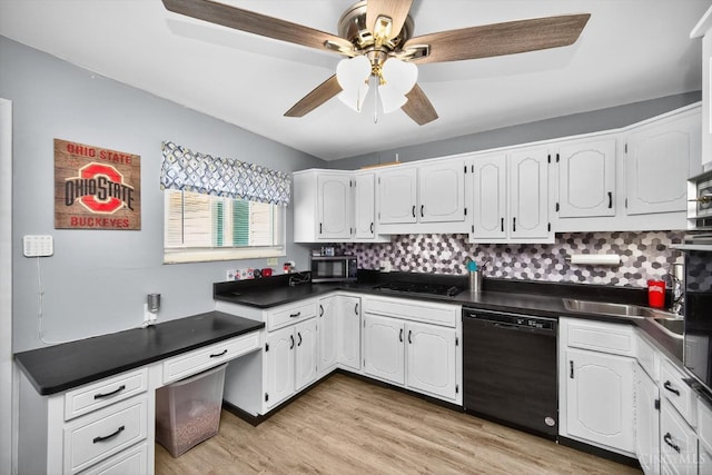 801 Carlisle Ave, Hamilton, OH 45013 - kitchen featuring black appliances, dark countertops, ceiling fan, white cabinets, and light wood-style flooring
