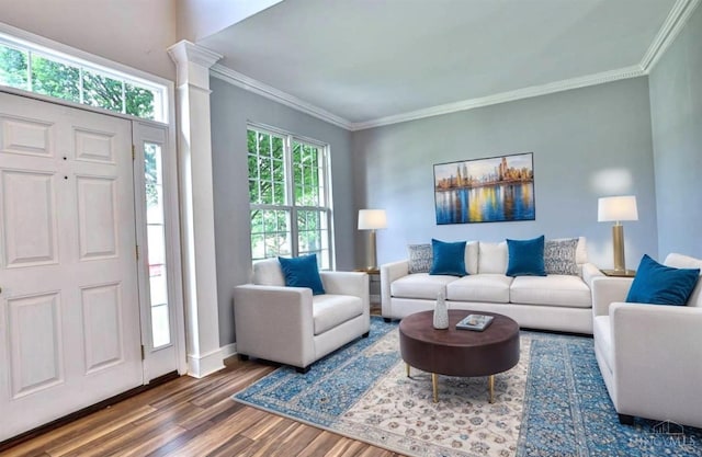 4623 Steeplechase Dr, Batavia Twp, OH 45103 - living area with wood finished floors, crown molding, and ornate columns