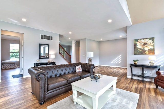 4623 Steeplechase Dr, Batavia Twp, OH 45103 - living area with stairs, wood finished floors, and recessed lighting