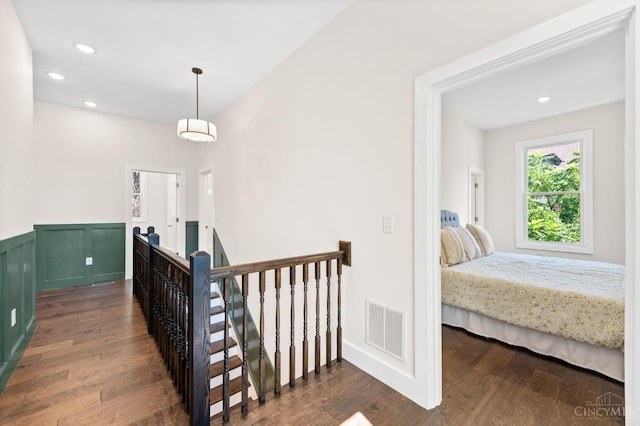 2241 Kemper Ln, Cincinnati, OH 45206 - corridor featuring an upstairs landing, wood finished floors, recessed lighting, and a wainscoted wall