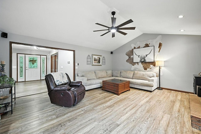 11545 Deer Trace Ln, Harrison Twp, OH 45030 - living area with ceiling fan, wood finished floors, lofted ceiling, and recessed lighting