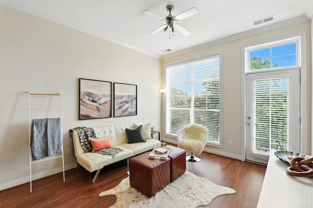 252 Stetson St Unit 403, Cincinnati, OH 45219 - living area with crown molding, wood finished floors, and a ceiling fan