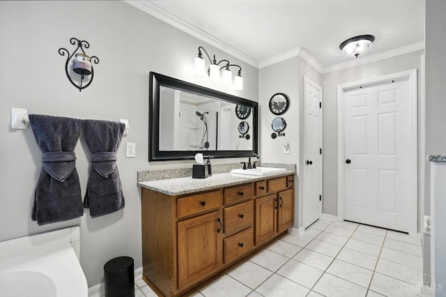 1751 Tatum Ln, Hamilton, OH 45013 - bathroom featuring vanity, tile patterned floors, ornamental molding, a shower, and a tub