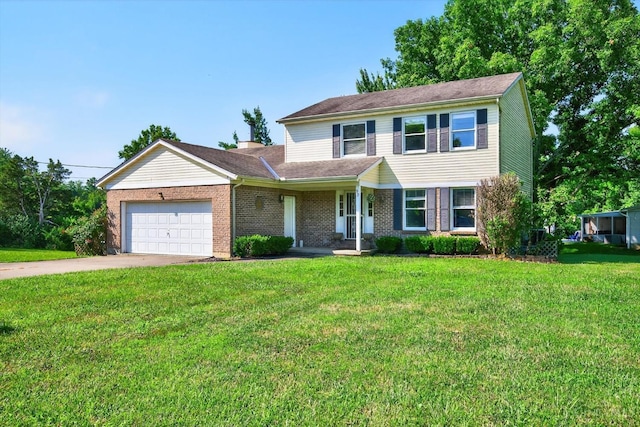 90 Lorelei Dr, Perry Twp, OH 45118 - view of front facade with a garage, a front yard, driveway, and brick siding