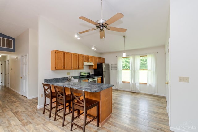 207 Valhalla Cv, Lakengren, OH 45320 - kitchen featuring stainless steel appliances, dark countertops, lofted ceiling, a peninsula, and under cabinet range hood