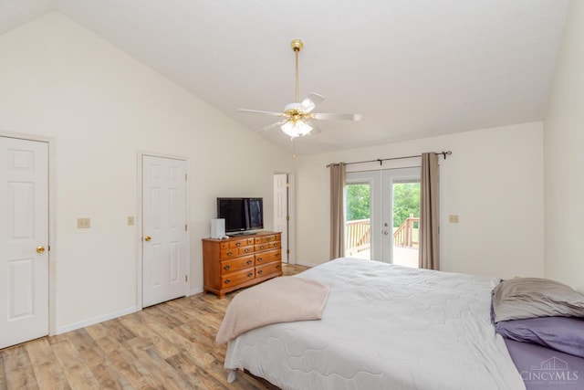 207 Valhalla Cv, Lakengren, OH 45320 - bedroom featuring french doors, access to outside, light wood-type flooring, a ceiling fan, and high vaulted ceiling