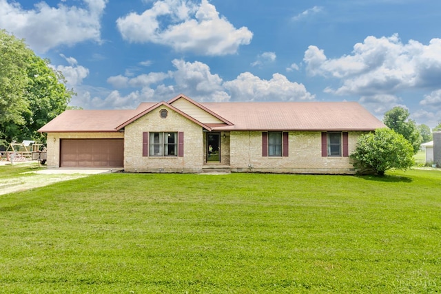 207 Valhalla Cv, Lakengren, OH 45320 - ranch-style home with dirt driveway, brick siding, a garage, a front yard, and roof with shingles