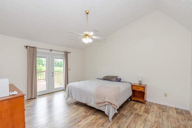 207 Valhalla Cv, Lakengren, OH 45320 - bedroom with french doors, lofted ceiling, access to outside, light wood-style floors, and a ceiling fan