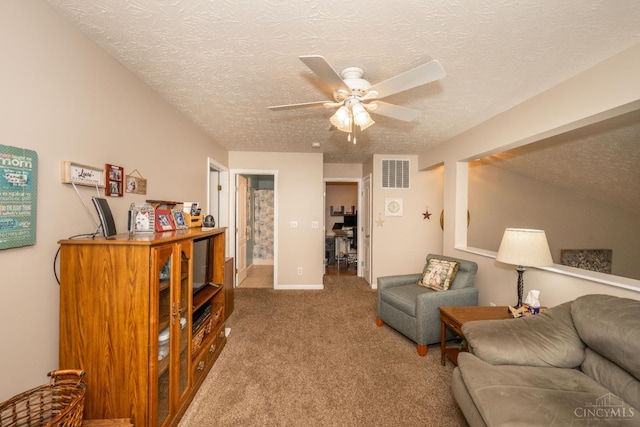4247 Fieldsedge Dr, Mason, OH 45040 - living room with a textured ceiling, a ceiling fan, and carpet flooring