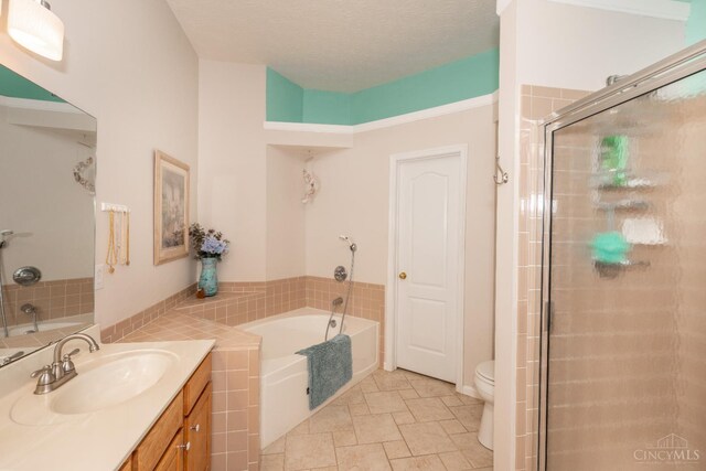 4247 Fieldsedge Dr, Mason, OH 45040 - bathroom with vanity, a garden tub, a stall shower, and a textured ceiling