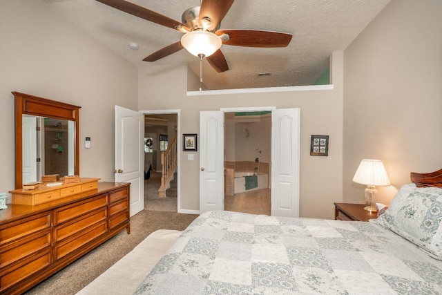4247 Fieldsedge Dr, Mason, OH 45040 - carpeted bedroom featuring lofted ceiling, a textured ceiling, and ceiling fan