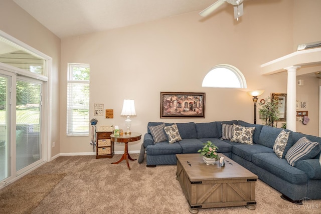 4247 Fieldsedge Dr, Mason, OH 45040 - living area featuring carpet flooring, high vaulted ceiling, and a ceiling fan