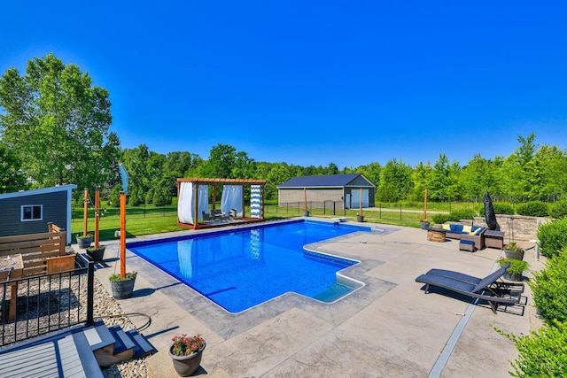 7948 Red Fox Trl, Hamilton Twp, OH 45152 - view of swimming pool featuring a patio, a shed, and view of scattered trees