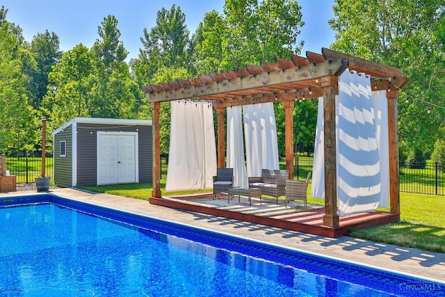 7948 Red Fox Trl, Hamilton Twp, OH 45152 - view of pool featuring a pergola, a storage unit, and a wooden deck