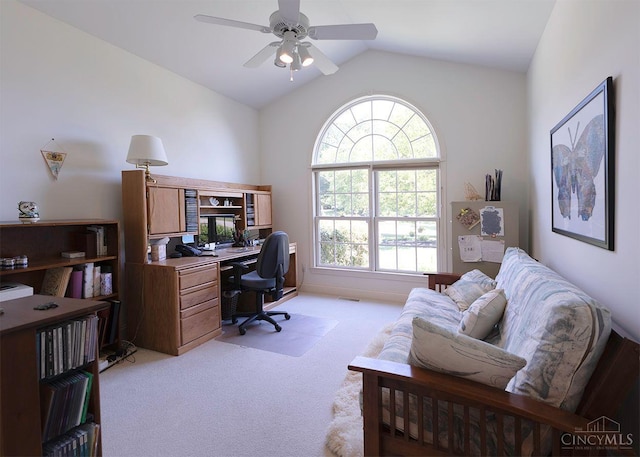 3893 Jocelyn Dr, Fairfield Twp, OH 45011 - office space featuring light carpet, a ceiling fan, and lofted ceiling