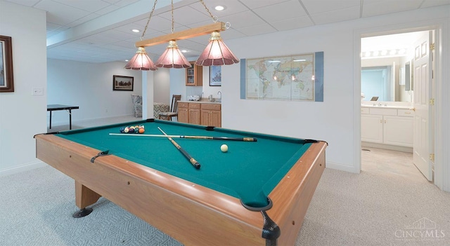3893 Jocelyn Dr, Fairfield Twp, OH 45011 - recreation room featuring light colored carpet, pool table, recessed lighting, and a drop ceiling