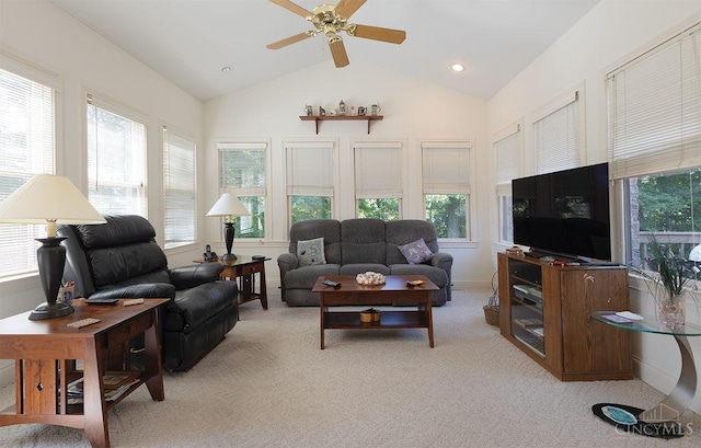 3893 Jocelyn Dr, Fairfield Twp, OH 45011 - living area featuring light colored carpet, lofted ceiling, and ceiling fan