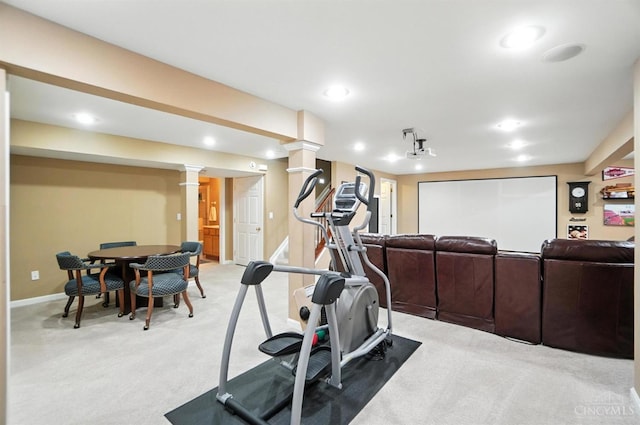 8608 Sunmont Dr, Anderson Twp, OH 45255 - exercise room with light carpet, recessed lighting, and decorative columns