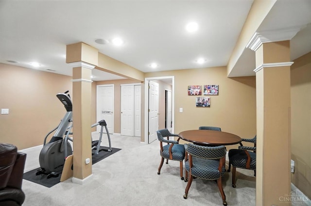 8608 Sunmont Dr, Anderson Twp, OH 45255 - exercise room featuring ornate columns, light carpet, and recessed lighting