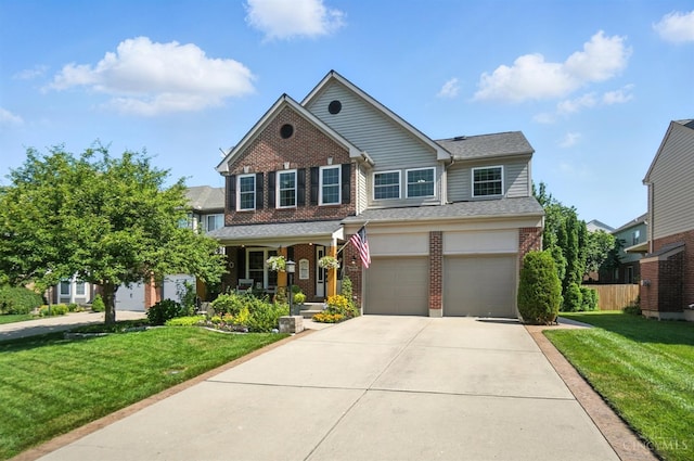 8608 Sunmont Dr, Anderson Twp, OH 45255 - view of front of house with brick siding, a garage, concrete driveway, and a front lawn