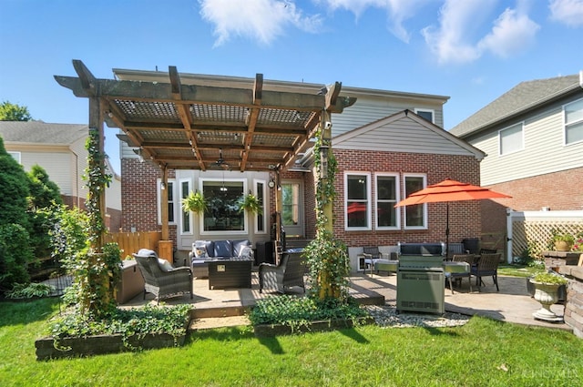 8608 Sunmont Dr, Anderson Twp, OH 45255 - rear view of property with an outdoor hangout area, brick siding, a pergola, and a patio