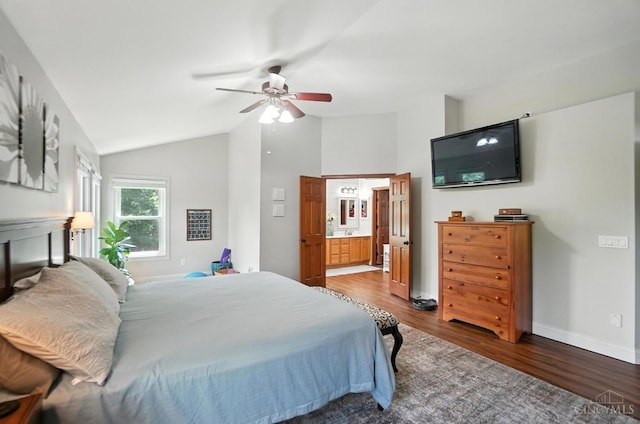 8608 Sunmont Dr, Anderson Twp, OH 45255 - bedroom featuring wood finished floors, vaulted ceiling, ensuite bath, and ceiling fan