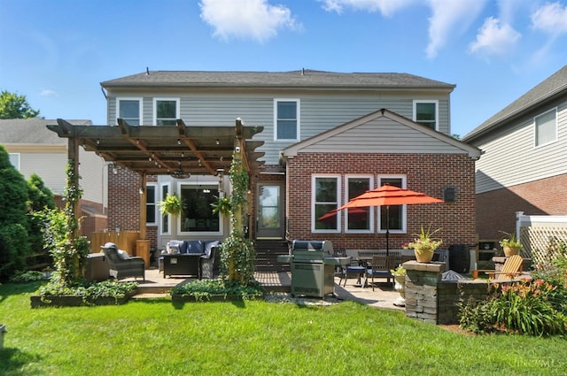 8608 Sunmont Dr, Anderson Twp, OH 45255 - rear view of house featuring an outdoor living space with a fire pit, a pergola, a patio area, brick siding, and a yard