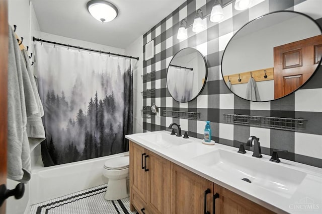 8608 Sunmont Dr, Anderson Twp, OH 45255 - full bathroom with double vanity, shower / bath combo with shower curtain, tile patterned flooring, and wallpapered walls
