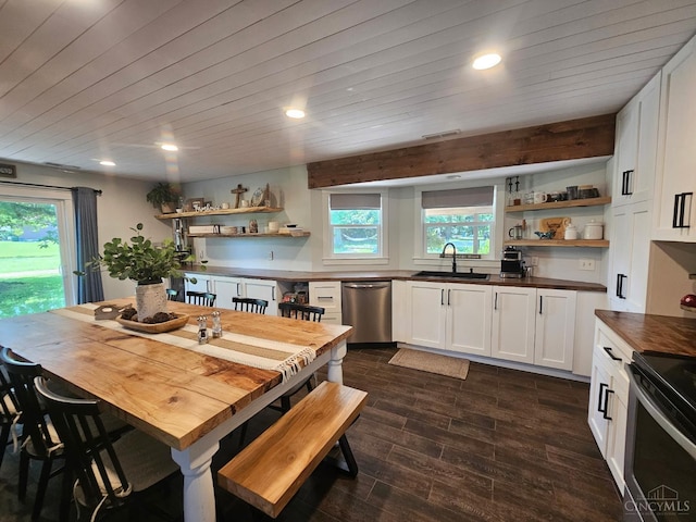 9063 Morrow Woodville Rd, Harlan Twp, OH 45162 - dining room with healthy amount of natural light, recessed lighting, dark wood-style floors, and wooden ceiling