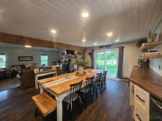 9063 Morrow Woodville Rd, Harlan Twp, OH 45162 - dining space with dark wood-type flooring, wooden ceiling, and recessed lighting