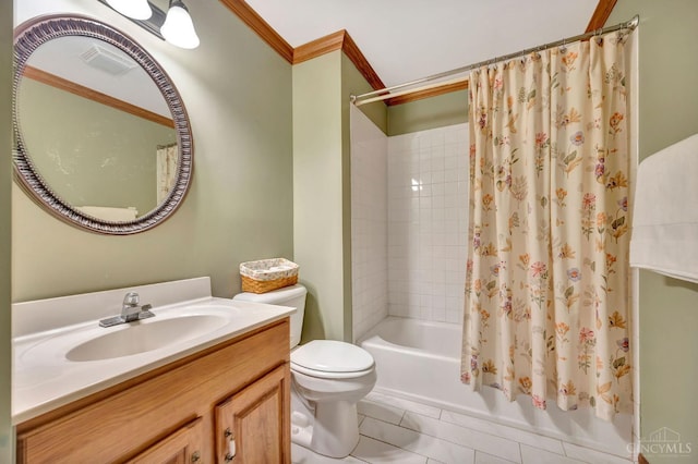 1900 Lani Dr, Washington Twp, OH 45320 - full bath with tile patterned flooring, vanity, shower / bath combo with shower curtain, and crown molding