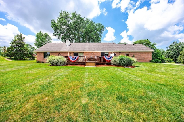 1900 Lani Dr, Washington Twp, OH 45320 - back of house with brick siding, a wooden deck, a yard, and a chimney