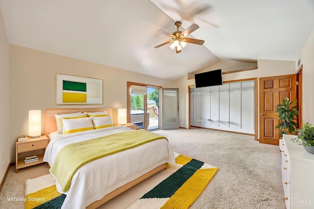 1900 Lani Dr, Washington Twp, OH 45320 - carpeted bedroom featuring access to exterior, vaulted ceiling, and a ceiling fan