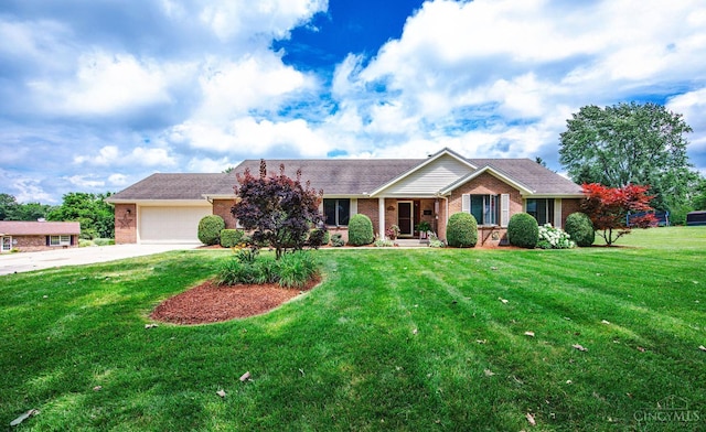 1900 Lani Dr, Washington Twp, OH 45320 - ranch-style home with driveway, brick siding, an attached garage, and a front lawn