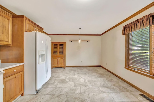 1900 Lani Dr, Washington Twp, OH 45320 - kitchen featuring white fridge with ice dispenser, light countertops, crown molding, and pendant lighting