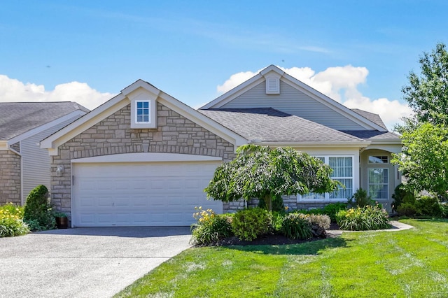 1301 Laurel Brook Way, Lebanon, OH 45036 - view of front facade with an attached garage, concrete driveway, a front yard, a shingled roof, and stone siding