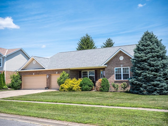 7854 Cape Cod Ct, West Chester, OH 45069 - view of front of property with brick siding, a garage, concrete driveway, a front yard, and a shingled roof
