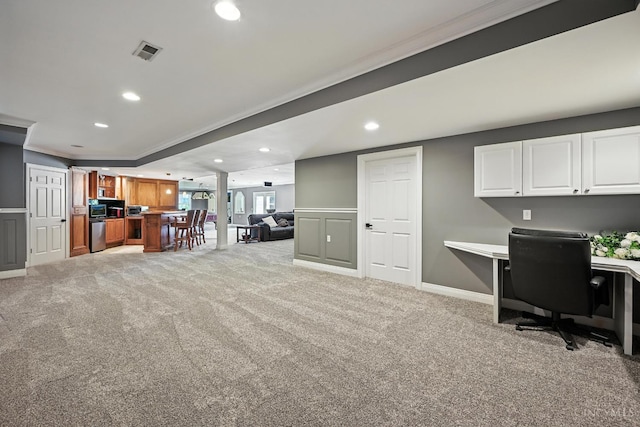 7066 Hearthside Ct, Liberty Twp, OH 45011 - home office with crown molding, built in desk, recessed lighting, and light colored carpet