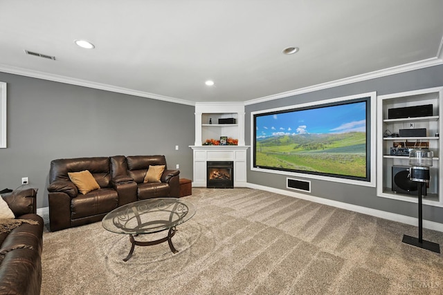 7066 Hearthside Ct, Liberty Twp, OH 45011 - living room with built in features, crown molding, carpet, recessed lighting, and a lit fireplace