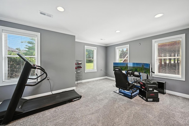 7066 Hearthside Ct, Liberty Twp, OH 45011 - exercise room featuring carpet floors, ornamental molding, and recessed lighting