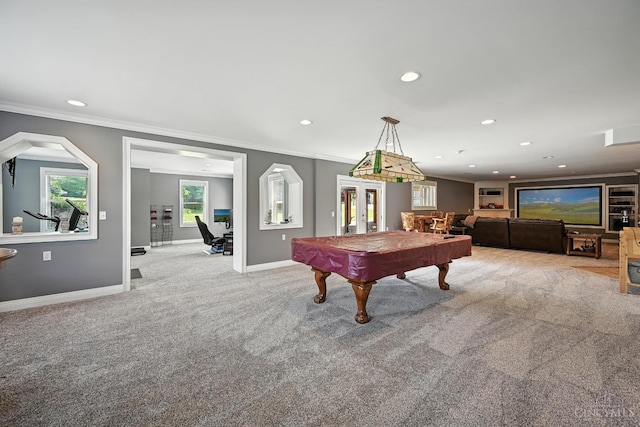 7066 Hearthside Ct, Liberty Twp, OH 45011 - recreation room featuring billiards, ornamental molding, carpet floors, and recessed lighting