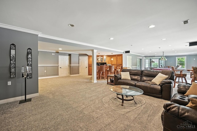7066 Hearthside Ct, Liberty Twp, OH 45011 - living area with ornamental molding, bar area, recessed lighting, and carpet floors
