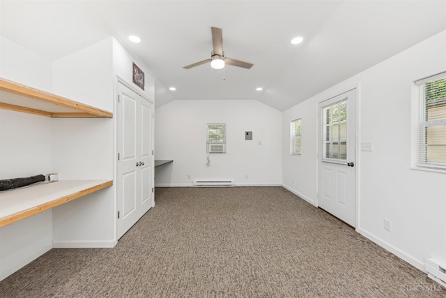 14697 Bodman Rd, Sterling Twp, OH 45154 - empty room featuring a baseboard heating unit, carpet, recessed lighting, a ceiling fan, and built in study area