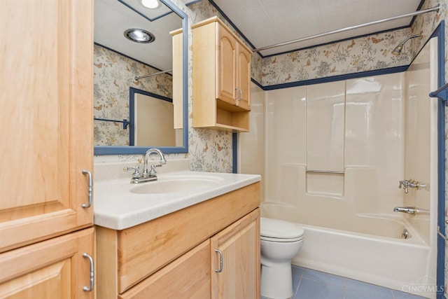 14697 Bodman Rd, Sterling Twp, OH 45154 - bathroom with wallpapered walls, vanity, tile patterned flooring, and bathtub / shower combination