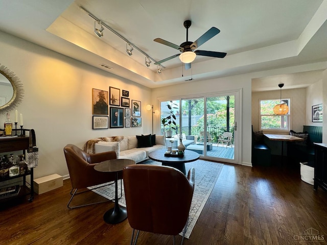 955 Pavilion St Unit 4, Cincinnati, OH 45202 - living area with rail lighting, a raised ceiling, dark wood-style flooring, and a ceiling fan