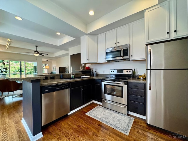 955 Pavilion St Unit 4, Cincinnati, OH 45202 - kitchen featuring appliances with stainless steel finishes, white cabinets, a peninsula, dark wood finished floors, and recessed lighting