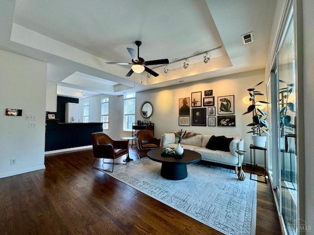 955 Pavilion St Unit 4, Cincinnati, OH 45202 - living area with a tray ceiling, a ceiling fan, wood finished floors, and track lighting