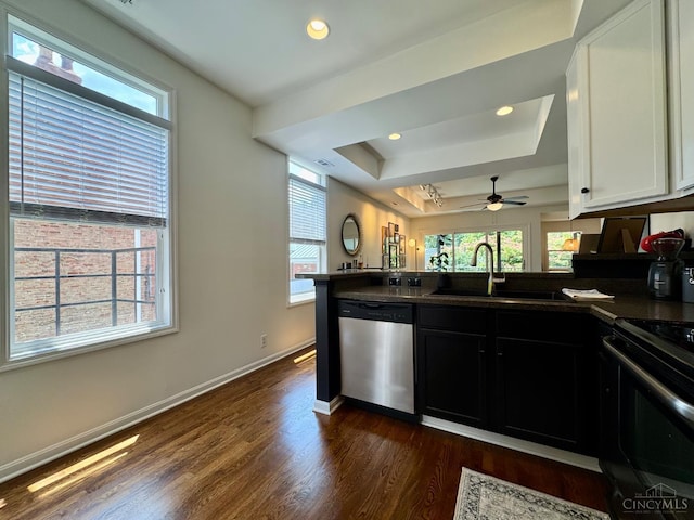 955 Pavilion St Unit 4, Cincinnati, OH 45202 - kitchen featuring dishwasher, a tray ceiling, a peninsula, plenty of natural light, and recessed lighting
